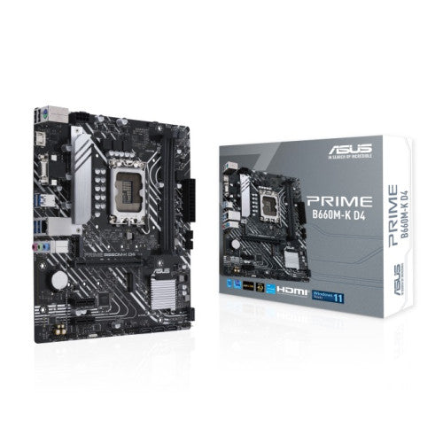 ASUS PRIME B660M-K D4 motherboard shown with its retail box. ASUS PRIME B660M-K D4 motherboard shown with its retail box.